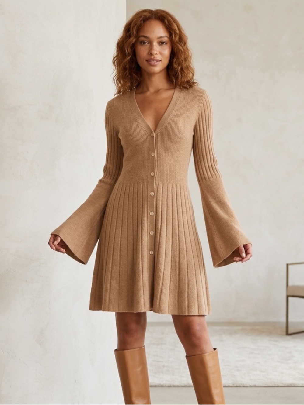 Derek Lam Cashmere Camel Brown Knit Button-Down Sweater Dress Sz L